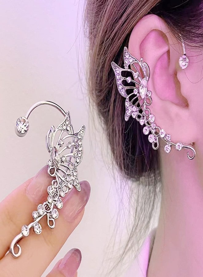 ATCEME 2 Pcs Butterfly Ear Cuff Earrings for Women Non Piercing Rhinestone Goth Fairy Elf Ear Cuff Butterfly Ear Wrap Earrings for Bridal Wedding Prom For Teen(Silver) - Image 5